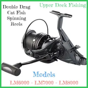 Upper Deck Fishing UD Smoke Double Drag Bait Runner Spinning Reels LM6000 LM7000 LM8000 Models for Catfish Fishing with Line Capacities 12lb/280yd 15lb/270yd 20lb/147yd
