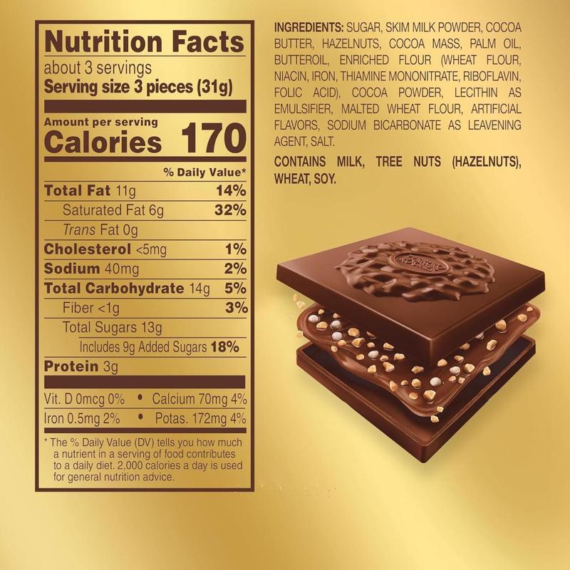 Ferrero Rocher Premium Milk chocolate squares, Hazelnut & Cocoa Filling, Individually Wrapped for Sharing, ​3.7 oz