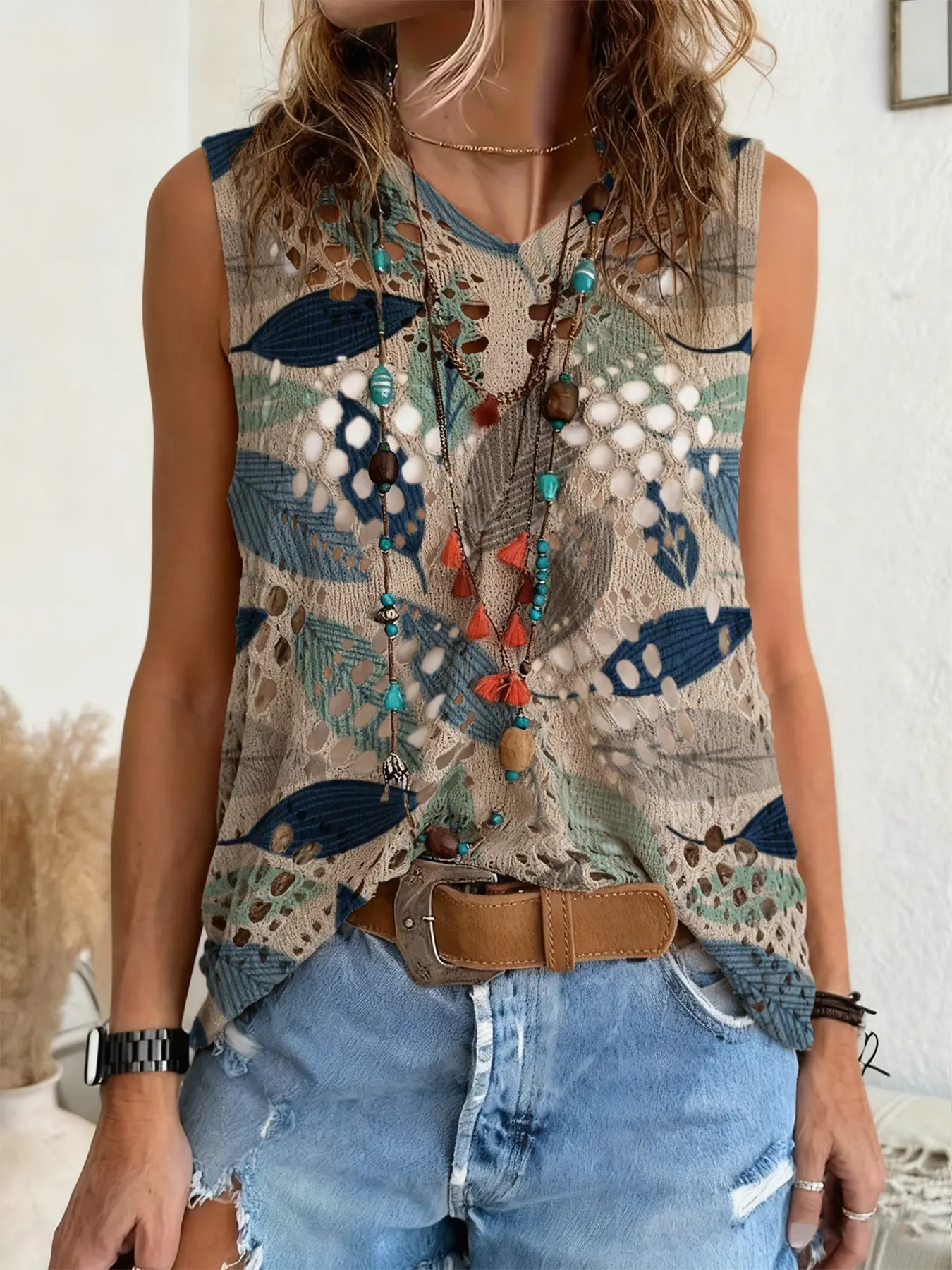 Spring Summer V Neck Hollow Out Shoulderless Knit Top, Colorblock Leaf Print, Casual Elegant Commuter Wear, Boho Beach Cover-Up