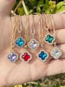 Four-Leaf Clover Flower Pendant Necklace, Copper Cubic Zirconia Jewelry, Handmade Boho Style, Stainless Steel Chain, All Seasons Gift