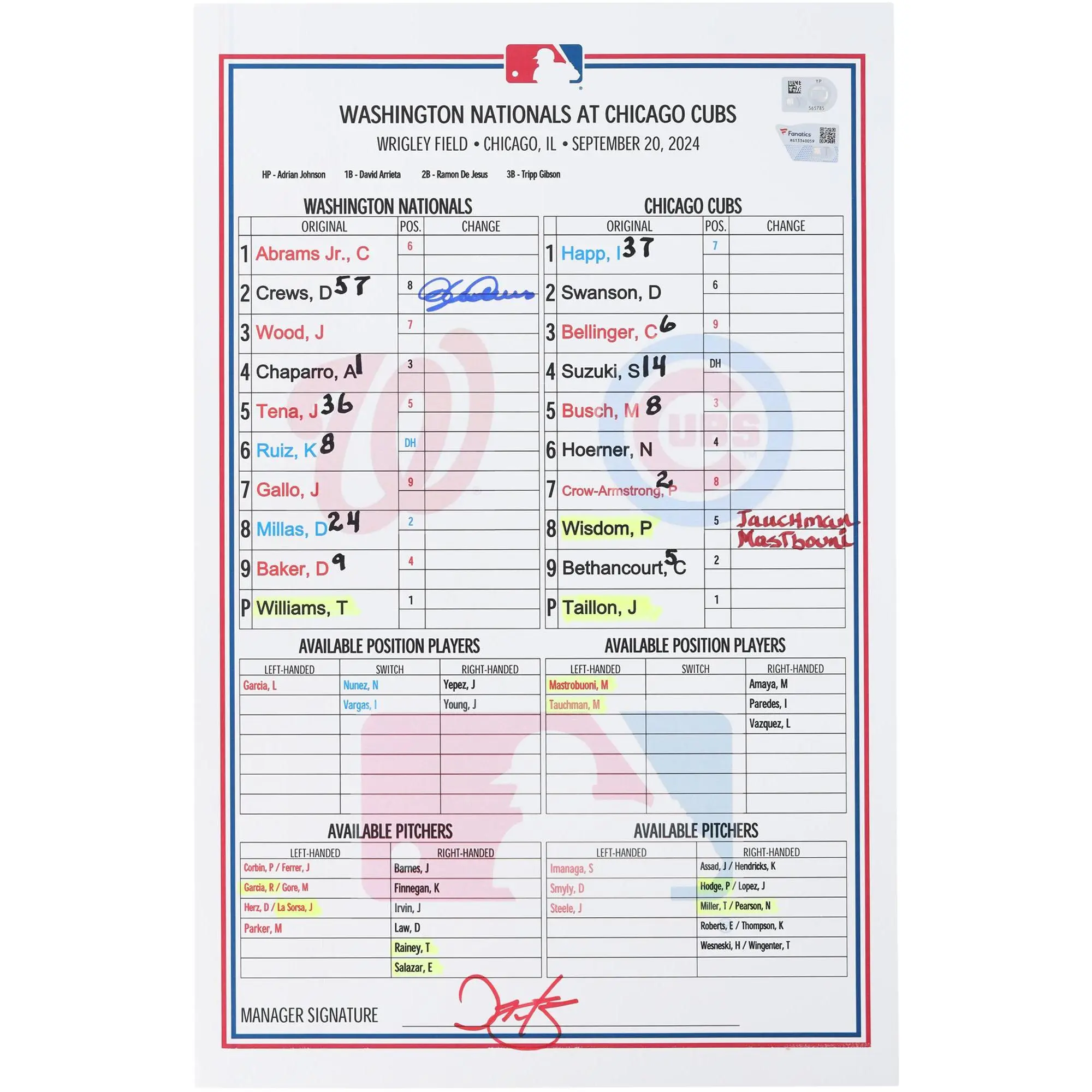 Dylan Crews Washington Nationals Autographed Game-Used Lineup Card vs. Chicago Cubs on September 20, 2024 - Fanatics Authentic Certified