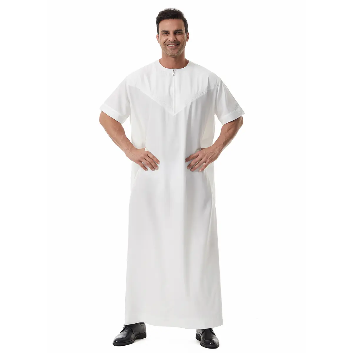Solid-Color Short-Sleeve Loose Breathable Casual Fashionable Long-Shirt Robe - Muslim Apparel Modern Clothing
