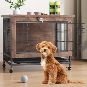 YJ-Garvee Rustic Brown Small Dog Crate Furniture with 2 Doors and Wheels, Featuring an End Table Dog Kennel with Tray, Dimensions 26.4" W x 19.7" D x 25.6" H, Ideal for Small Dogs