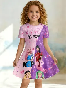 Girls Summer K-POP Girl Group Print Dress, Kids Pink Purple Color Block Heart Crew Neck Short Sleeve A-Line Dress