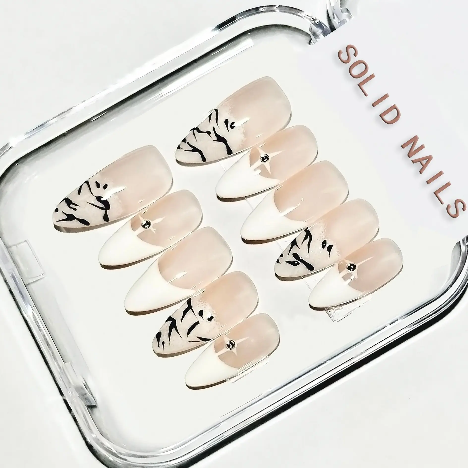 Solid black and white perss on nails French Press Acrylic False Nails Set