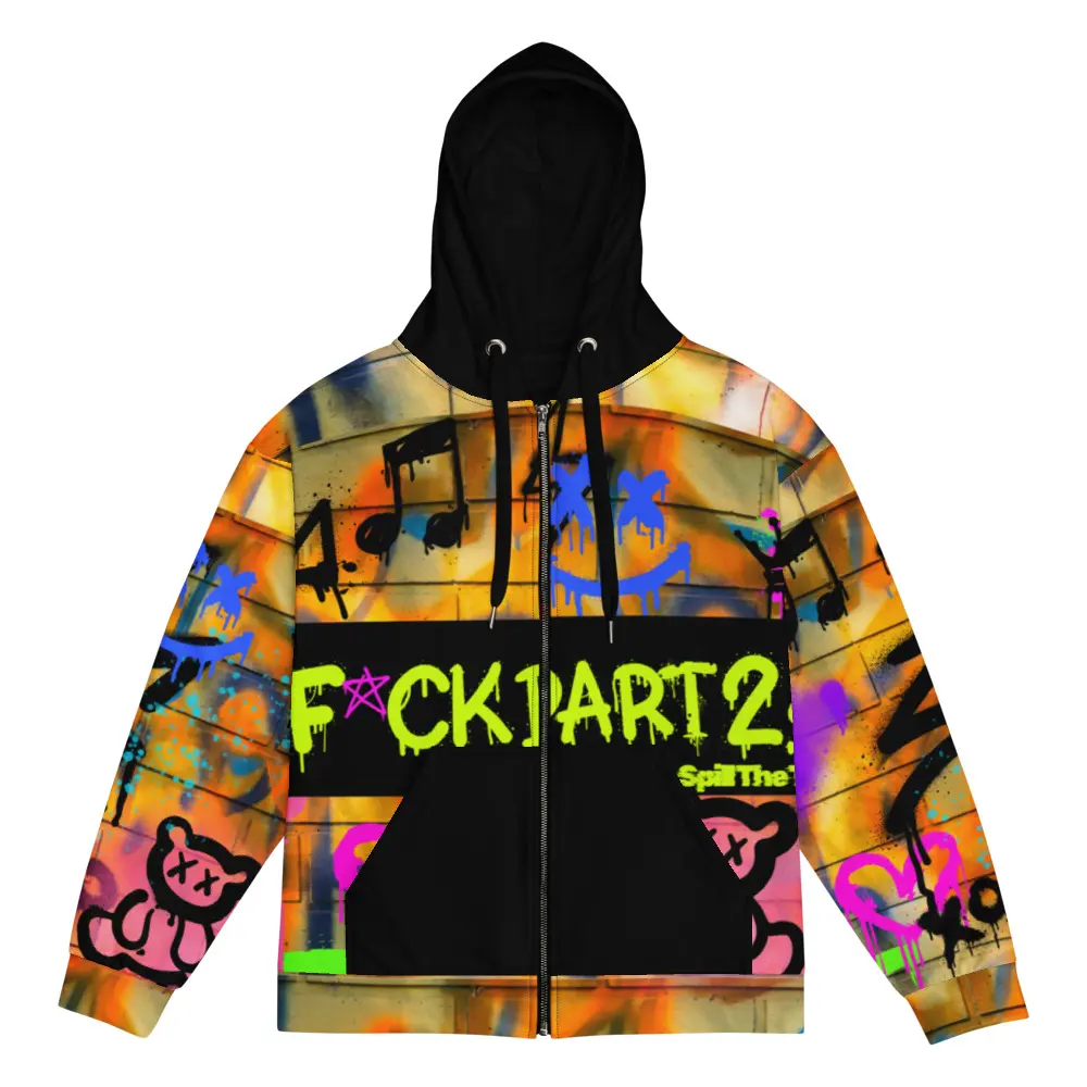 Fck Part 2s Spill The Tea  Graffiti Zip-Up Hoodie | Urban Streetwear Spray Paint Jacket | Unisex Edgy Adult Humor