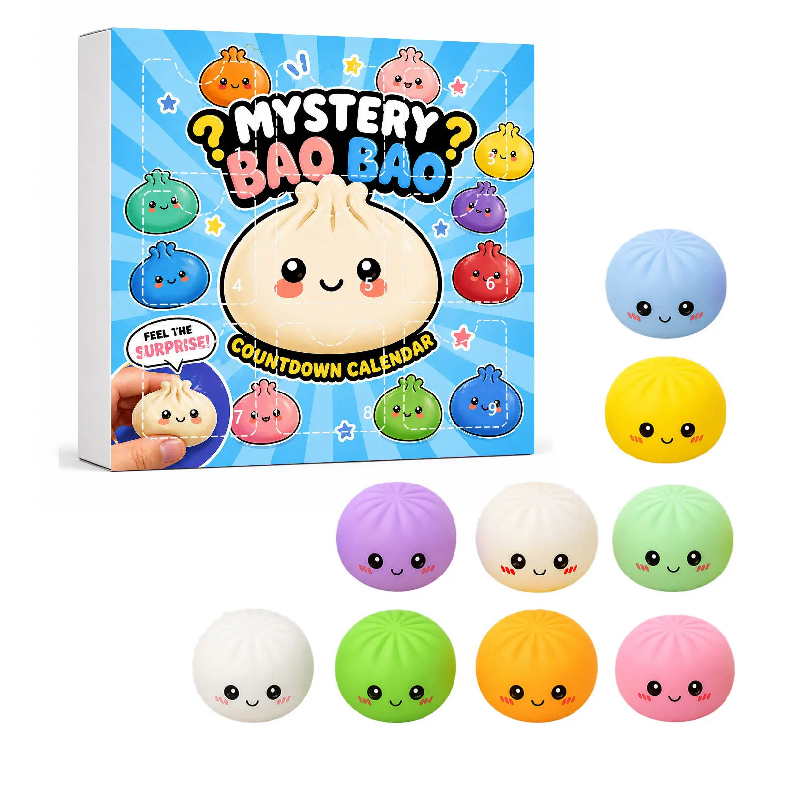 Mystery Dumpling Advent Countdown Calendar, Cute Bao Squishy Fidget Toys, 9‑Day Surprise Stress Relief Toys for Kids, Party Gift