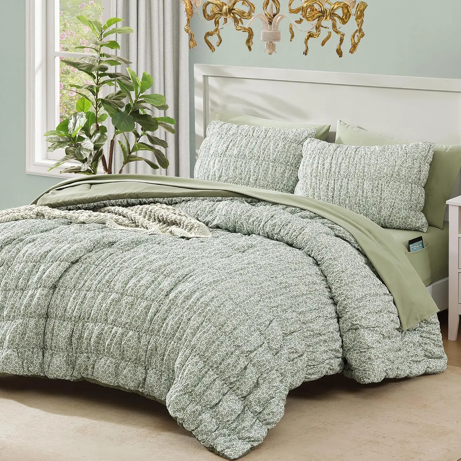 Comforter Set-7 Pieces Sage Green Classic Puff Floral Bedding Sets for  Seasons,Shabby Chic Farmhouse Bed in a Bag  with Wildflowers Comforter,Sheets, Pillowcases & Shams