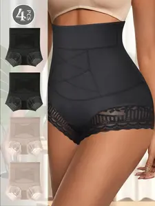 QUASTI 4 Packs High-waisted Lace Edge Elastic Ladies Panties, Super Smooth Breathable Comfortable Tummy Control Hip Lift for Postpartum Body Shaping Wear, Sexy Body Shaping Panties for Women, S-XXL flat belly woman Fits Shapewear Womenswear