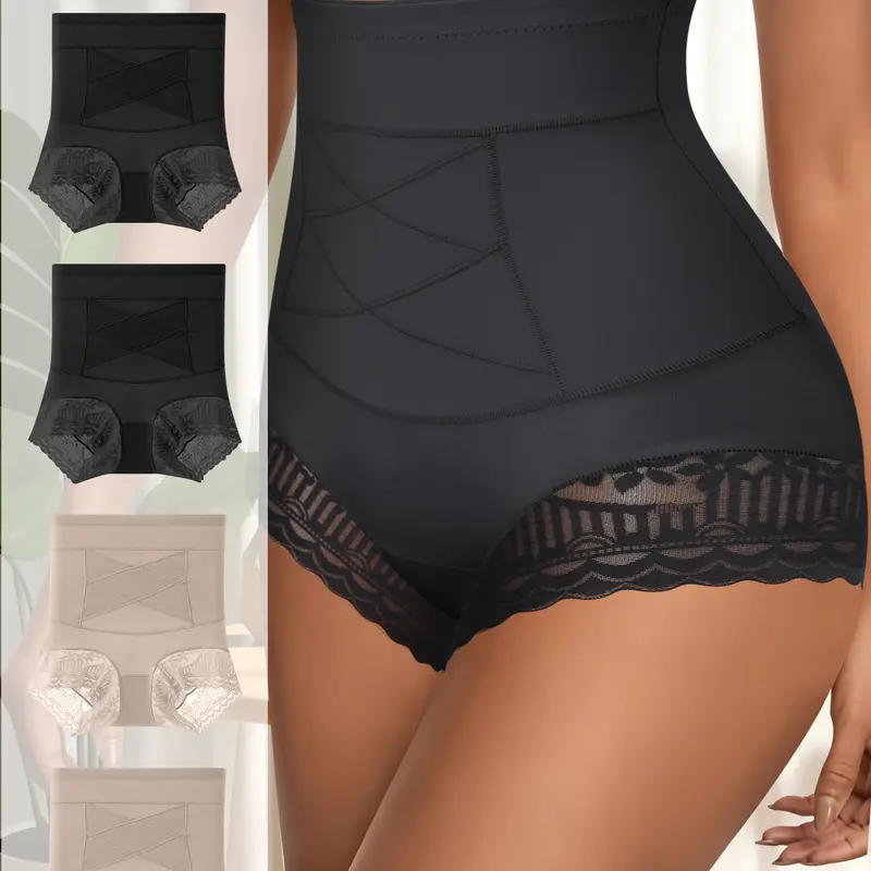QUASTI Women's 4-Pack High-Waisted Lace Edge Elastic Shapewear Panties - Super Smooth, Breathable, Compression Tummy Control, Hip Lift, Postpartum Body Shaping Garment, Fits S-XXL, Ideal for Valentine Occasion