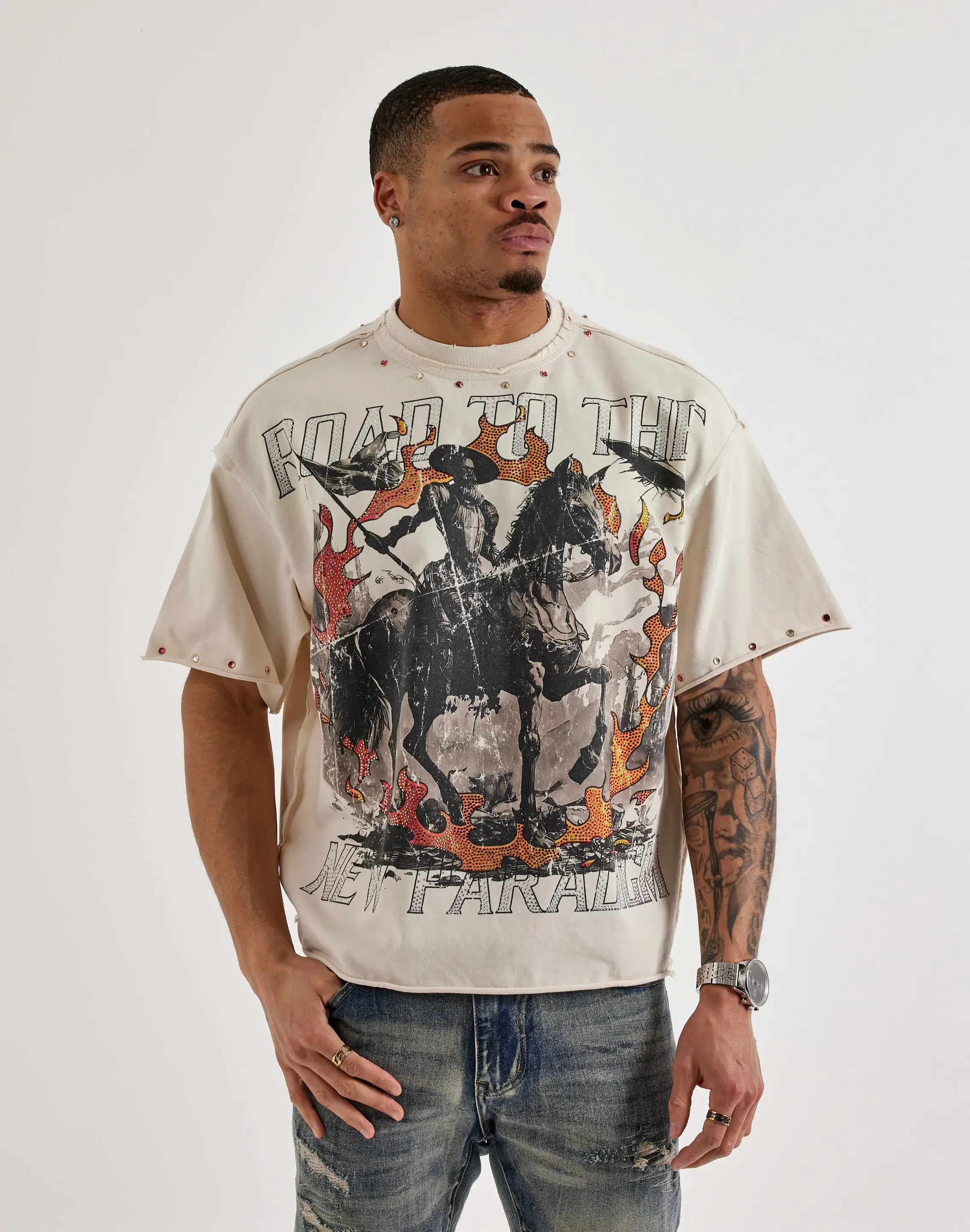Mens First Row Cropped Horse Flag Rhinestone Tee