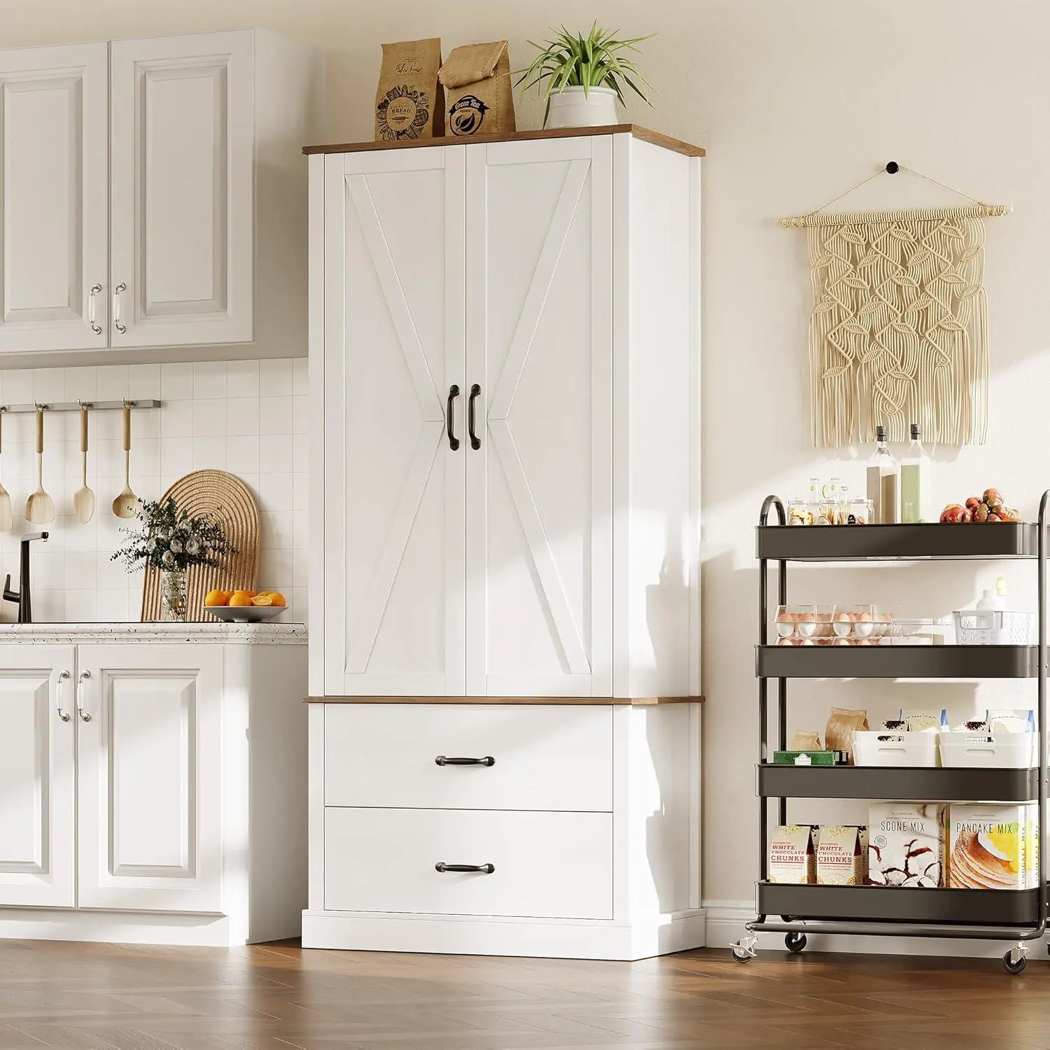 White Kitchen Pantry Cabinet with 2 Drawers Farmhouse Tall Storage Cabinet Wood Food Pantry with Barn Doors and Adjustable Shelves Versatile Storage Freestanding Cupboard for Kitchen