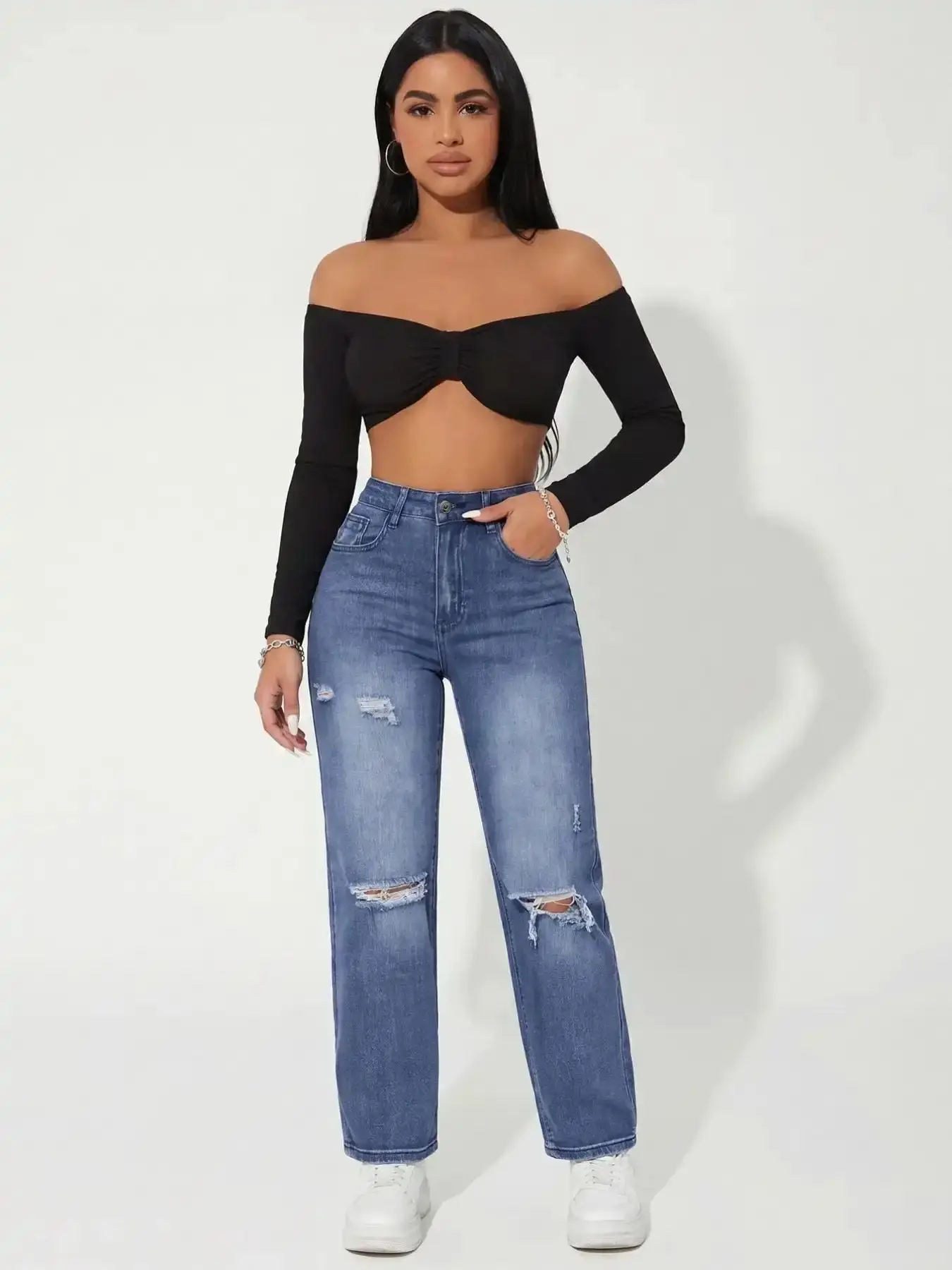 Women's High Waist Medium Blue Washed Ripped Straight Leg Denim Jeans, Fit, Vintage Chic Style, Casual American Streetwear, All Seasons elegant must have figure flattering breathable