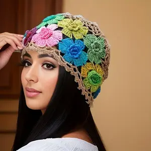 Vibrant Bohemian Crochet Womens Beanie - Lightweight Artistic Floral Knit Cap With Unique Hollow-Out Design - Adjustable Vintage Style For Spring/ Summer - Random Flower Colors