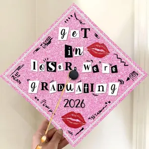 Get In Loser We're Graduating Cap Topper, Pink Glitter Mean Girls Grad Cap, Y2K Burn Book Graduation Decor, Custom Grad Gift For Her
