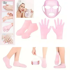 Silicone Mask Moisturizing Gloves Socks Set, Hydrating Face Mask Cover, Non-Slip Soft Spa Gel Socks, Exfoliating Gloves for Dry Rough Skin Care, Intensive Foot Care