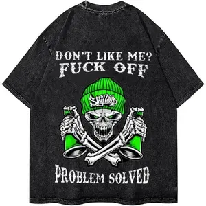 Vintage Washed Skull Graphic Tee DON’T LIKE ME Print, Oversized Heavyweight Cotton T-Shirt, Tattoo Graffiti Streetwear Y2K Aesthetic, Drop Shoulder Double-Sided Summer Outfit