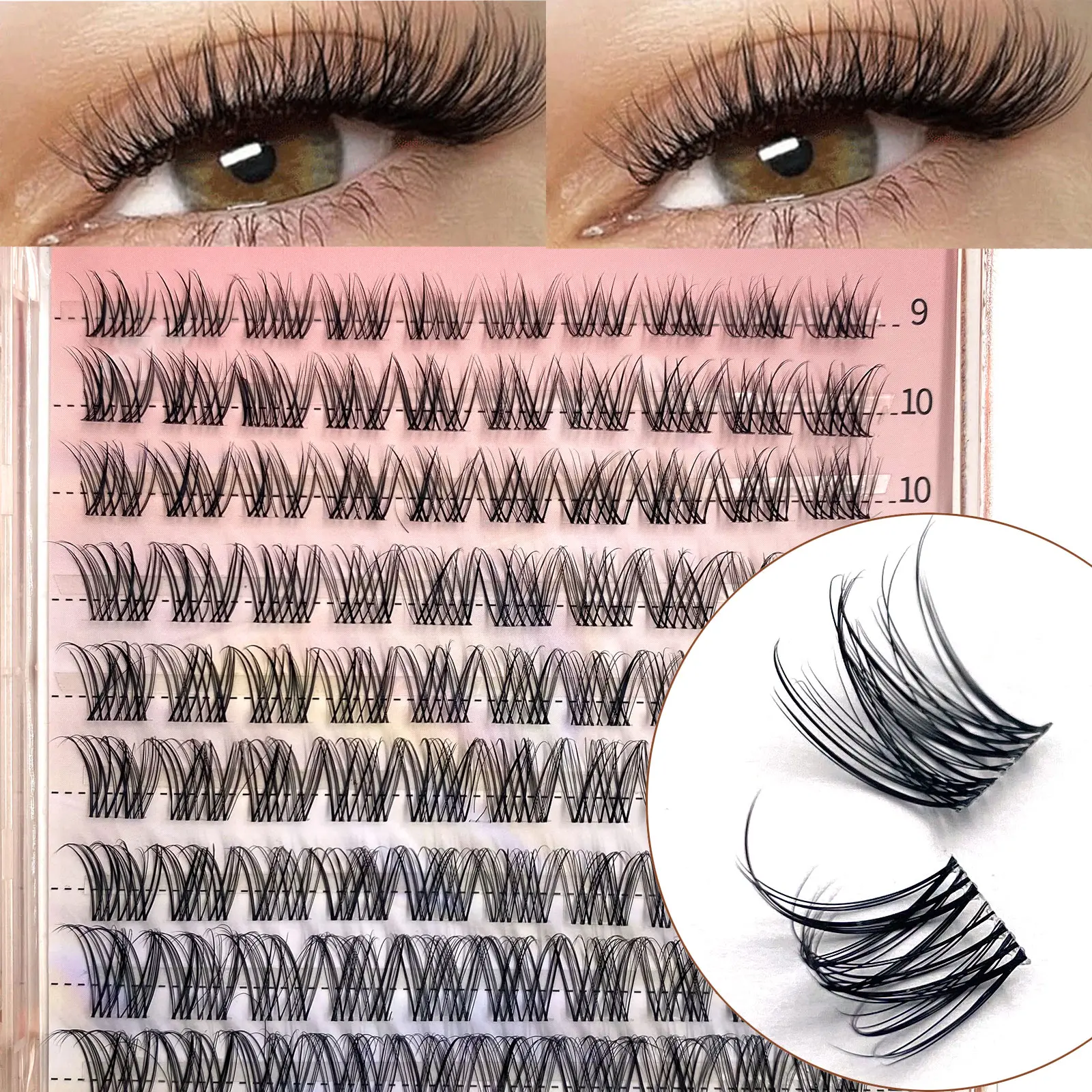 Mikiwi Fairy Hair Cosmetic Individual Eyelash Extensions, 9-16mm Soft Manga Anime Natural Look Spiky Volume Cluster Lashes, C Curl WideSpan DIY 0.05mm Ultra-Thin Invisible Band for Voluminous Eye Makeup