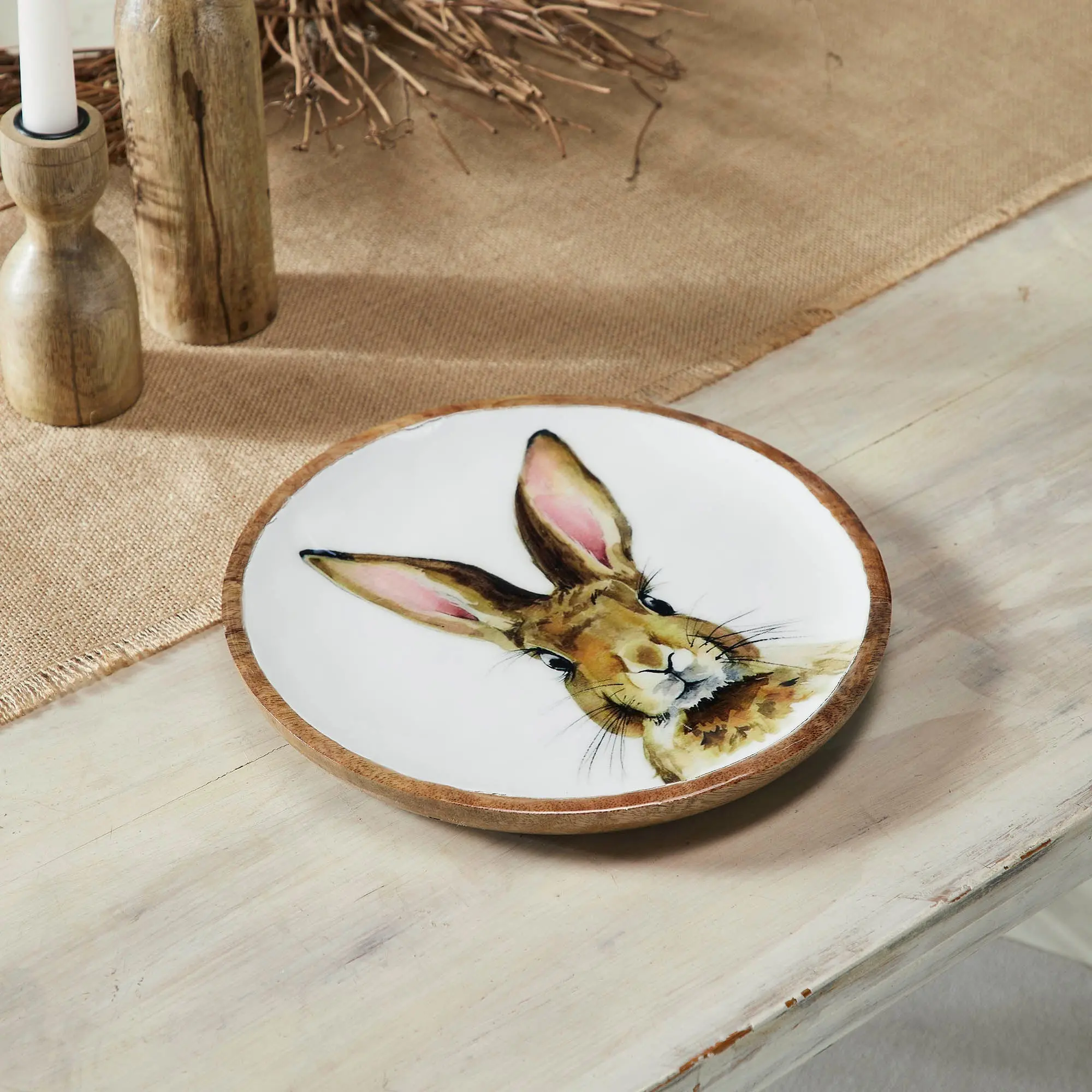 Sturdy Bunny Hop Enamel Wooden Plate - White, Easter, Tropical, Spring Themed Kitchen Tableware