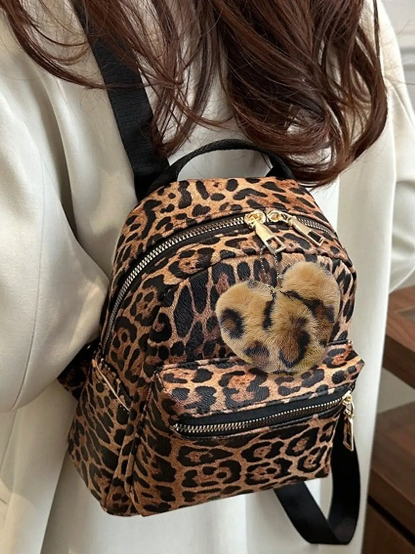 Tiger Print Mini Backpack with Faux Fur Ball Charm, Versatile Small Bag for Women, Dual-Layer Design Unisex Shoulder Bag
