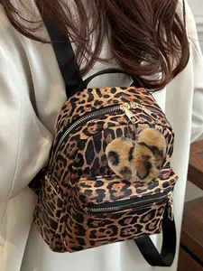 Tiger Print Mini Backpack with Faux Fur Ball Charm, Versatile Small Bag for Women, Dual-Layer Design Unisex Shoulder Bag