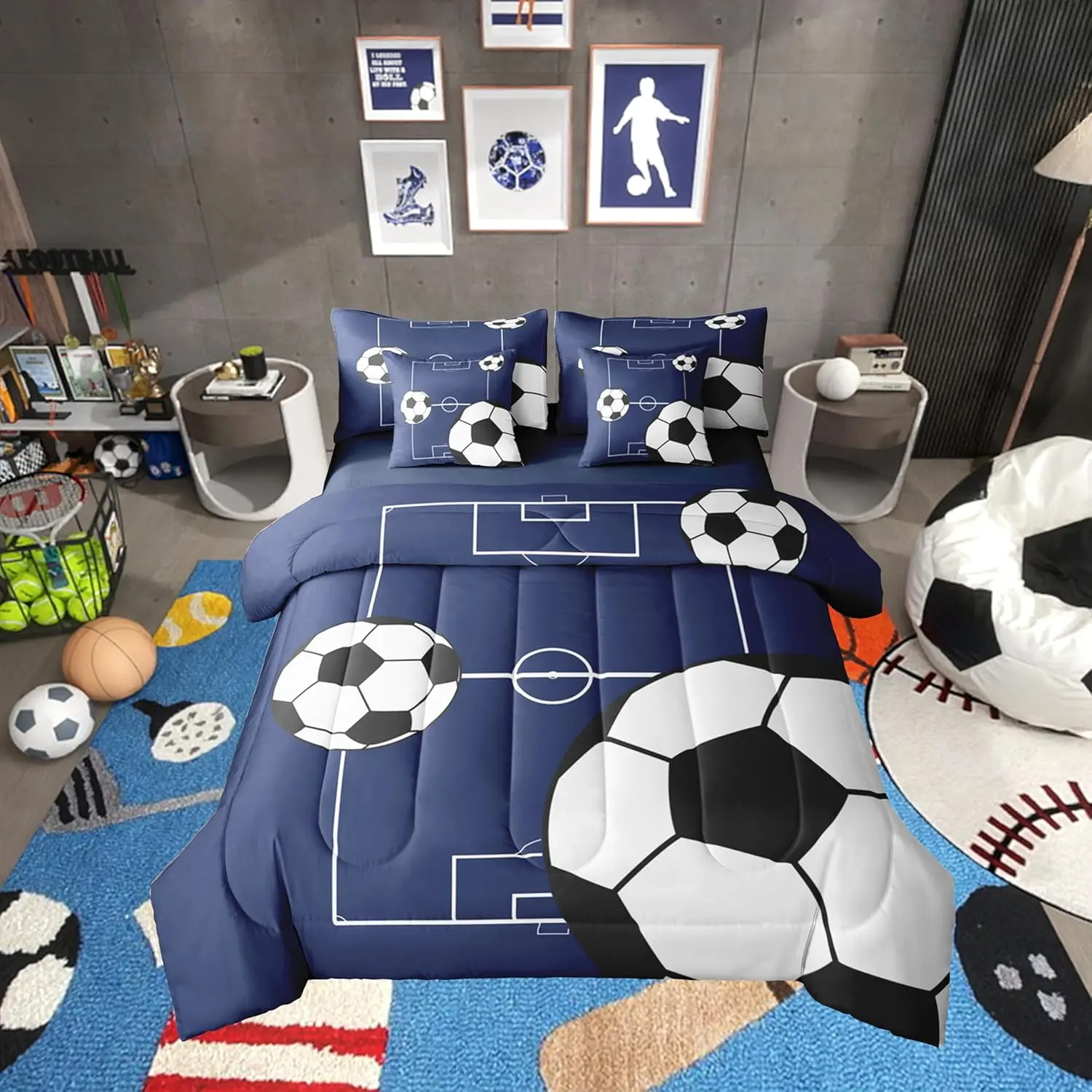 Feelyou 7-Piece Ultra Soft Football Motif Bedding Set - Kid Bed-in-a-Bag with Duvet Cover, Blanket, Fitted Sheet, Flat Sheet, Multi-Size for Boys, Machine Washable