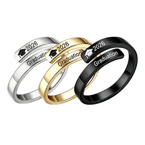 2026 Graduation Season Bachelor's Cap Open Ring, Stainless Steel Adjustable Engraved Vintage Rings Jewelry, Graduation Gift for Classmates and Best Friends