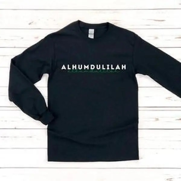 Alhumdulillah Long Sleeve Shirt by Humraha | Desi Arab Muslim Fashion Apparel Gifts for Ramadan Eid Nikkah Wedding Couples Families New Moms Aunts Uncles Grandparents | Pakistan India Bangladesh Palestine Lebanon Egypt Syria