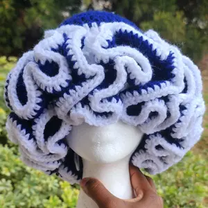 Multi Blue Bucket Ruffle Crochet Hat - Soft Ruffle Design, navy and white Color, Ideal for Casual Wear