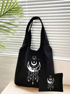 Gradient crescent moon and star printed canvas shoulder bag, black printed vest tote, Reusable tote, Valentine's Day gift, personalized wedding bridesmaid gift bag, makeup bag, travel storage pouch, suitable for shopping, traveling, and vacation