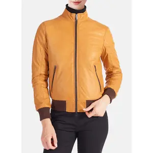 Womens Iconic Yellow Bomber Leather Jacket