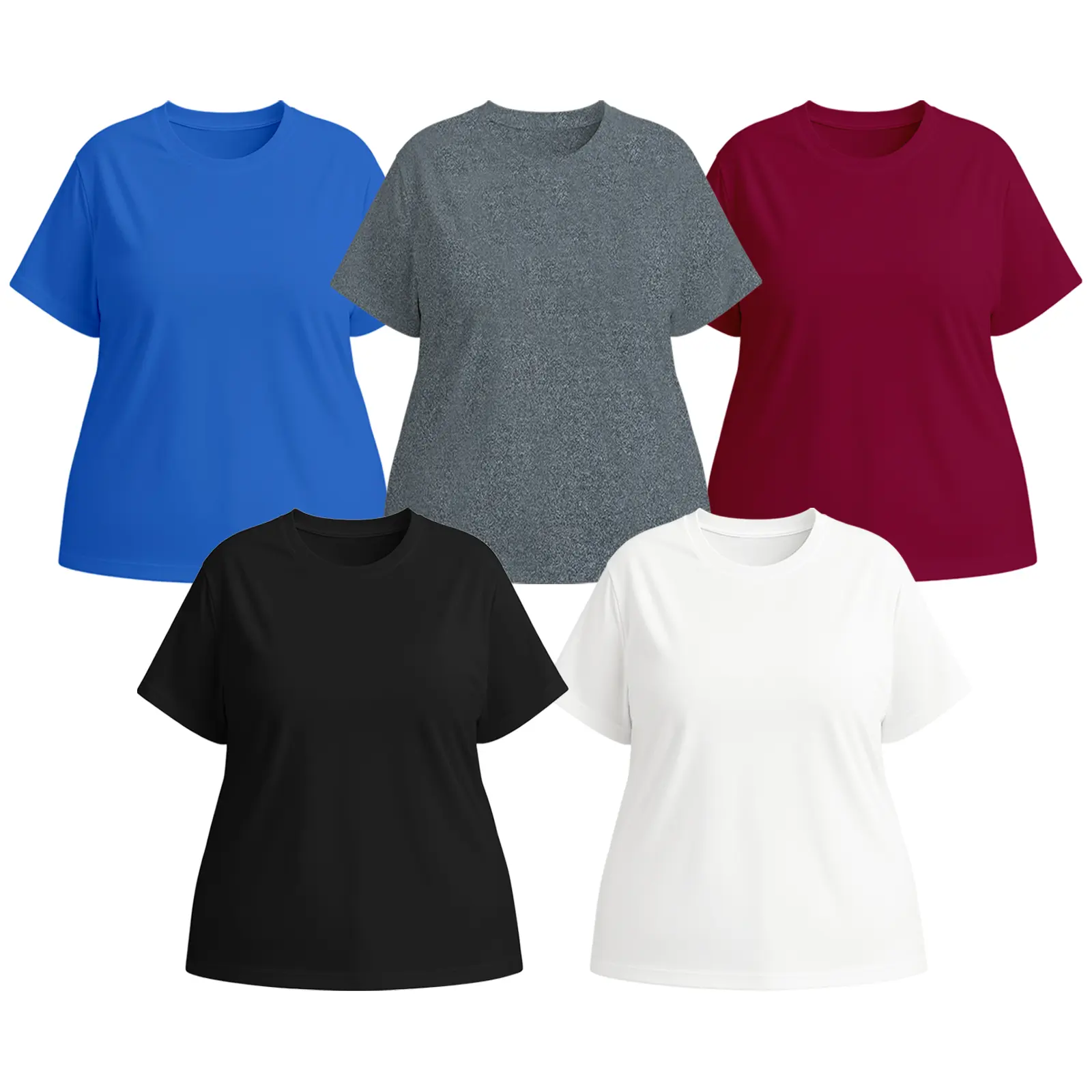 Five-Piece Women's Multi-Color Round-Neck Short-Sleeved Top in Solid Colors - Sheer and Figure-Hugging Casual T-Shirt for Summer, Loose-Fitting Basic Office Shirt