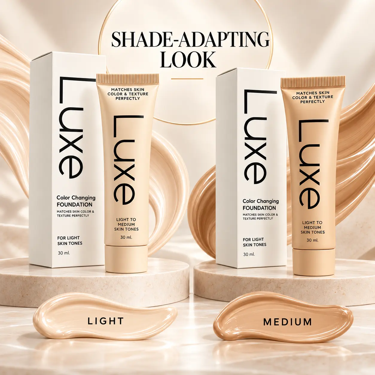 LUXE Color-Changing Foundation 30g - Blendable Cosmetic, Lightweight Liquid Makeup (Light & Medium Shades), Buildable Coverage, Smooth Natural Finish, Comfortable Daily Wear for Even Skin Tone