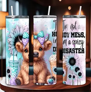 Charming Highland Cow And Sunflower 20oz Stainless Steel Tumbler With Lid And Straw Ideal For Hot Or Cold Beverages