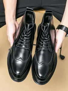 Men's Business Style Solid Color Brogue Boots, Fashionable Ankle Boots for Work Office, Male All-match Shoes for Daily Wear Footwear