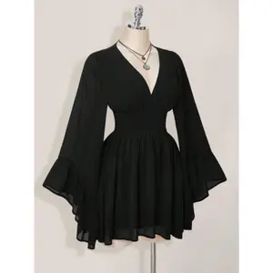 Women's Gothic Style V Neck Waist Cinched Dress, Elegant Long Sleeve Mini Dress, Autumn/winter Lantern Sleeve Dress