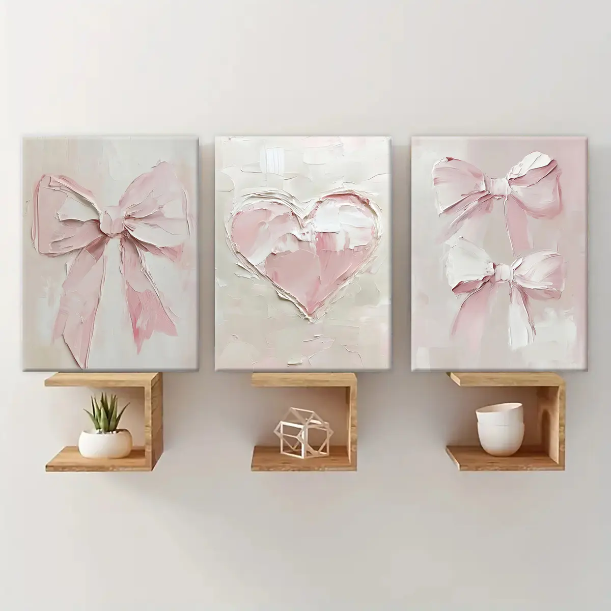 3-Piece Wood Frame Canvas Art Set, Bow & Heart Oil Painting Triptych, Valentine's Day Decor, Modern Home Decoration, Aesthetic Wall Decor, Waterproof Wall Art, Room Decoration, Canvas Prints