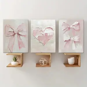 3-Piece Wood Frame Canvas Art Set, Bow & Heart Oil Painting Triptych, Valentine's Day Decor, Modern Home Decoration, Waterproof Wall Art, Canvas Prints