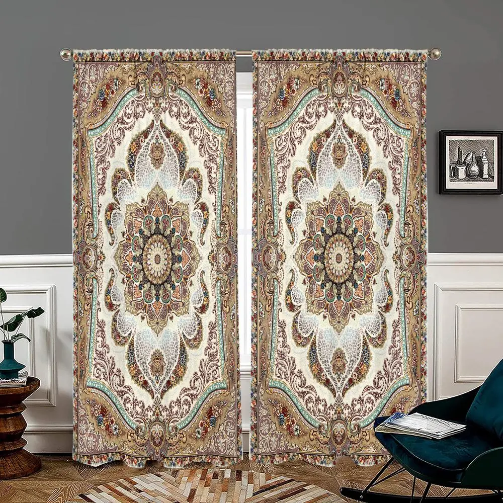 Boho Style Mandala Pattern Door Curtain, 2 Counts/set Curtain Panels Home Decorative Curtain Vintage Style Door Curtain, Home Decor for Living Room Bedroom Study Room Kitchen