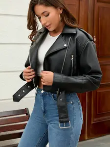Women's Solid PU Leather Jacket Belt, Winter Simple Daily Zipper Short Jacket, Street Style, All Seasons, Fitted, Colorblock, Outerwear