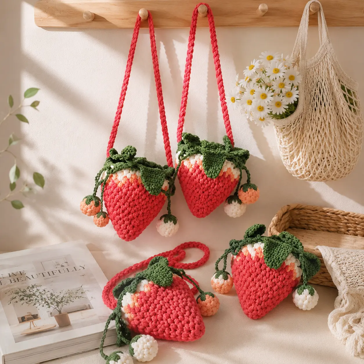 Women's Kawaii Crochet Strawberry Crossbody Messenger Bag - Casual Soft Premium Cotton Yarn Mini Sized Drawstring Knit Purse for Girls, Mini Sized Products, Strawberry Print, Kawaii Cuteness