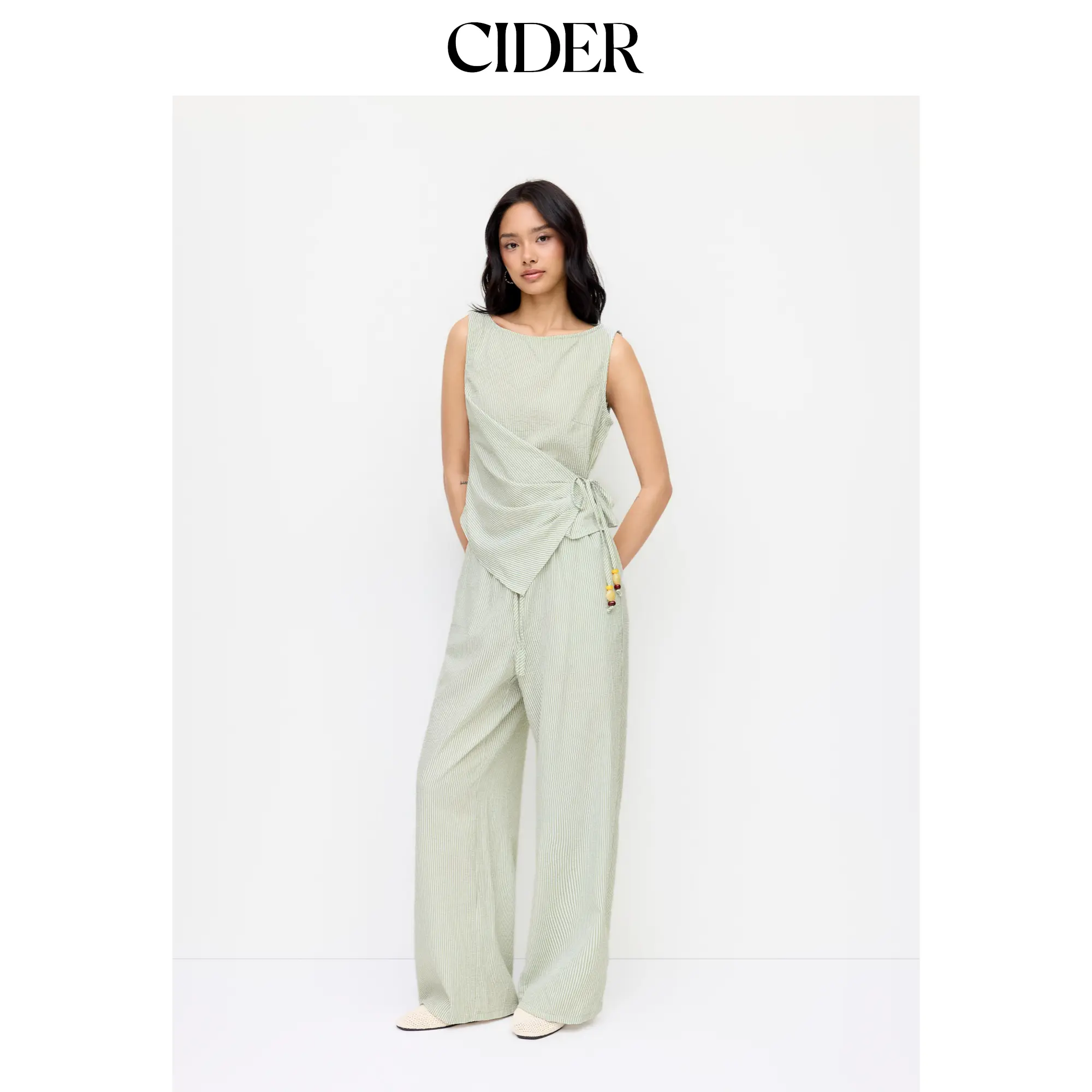 Cider Cotton-blend Boat Neck Wrap Top & Mid Rise Wide Leg Trousers Set
