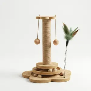 Vertical Solid Wood Cat Scratching Post with Toy Track - All-in-One Cat Tree with Sisal Rope, Hanging Balls & Feather Wand for Indoor Cats, Sturdy Flower Base