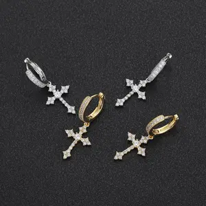 Unisex Studded Cross Artificial Gemstone Earrings - Hip-Hop Luxury Iceout Design, Bling Stylish Accessory, Valentine's Day Gift, Studded Cross Earrings