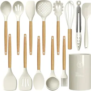 Cooking Utensils Set - 446?F Heat Resistant  Kitchen Utensils for Cooking,Kitchen Utensil Spatula Set w Wooden Handles,  Gadgets for Non-Stick Cookware (Khaki)