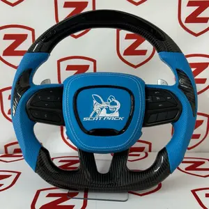 Dodge Scatpack Carbon Fiber Steering Wheel - Blue and White Design with Logo - Automotive Accessory