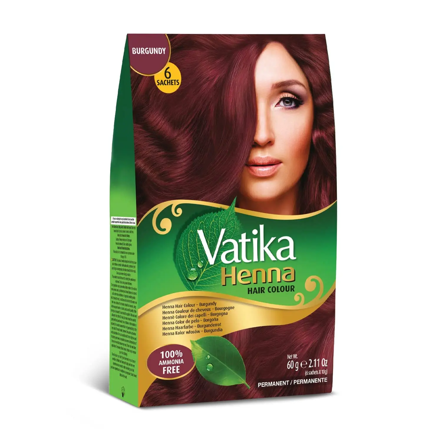 Vatika Naturals Permanent Hair Dye Burgundy 6 Sachets x 10g – Ammonia-Free With Natural Henna, Grey Coverage, Nourishing Herbal Blend, Long-Lasting Hair Color for Soft, Shiny Results 60g (Pack of 1 / 3 / 6)