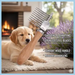 Pet Grooming Rake for Shedding & Dematting| Stainless Steel Blades & Ergonomic Wood Handle| Professional Undercoat Brush for Long Haired Pets