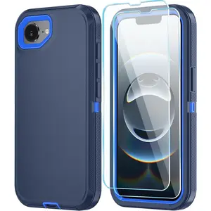 Phone Case for iPhone 16e Case & Phone 17e Case with HD Screen Protector, Heavy Duty Shockproof & DustProof & 3-Layer Cover Phone Case for iPhone 16e/17e, DarkBlue