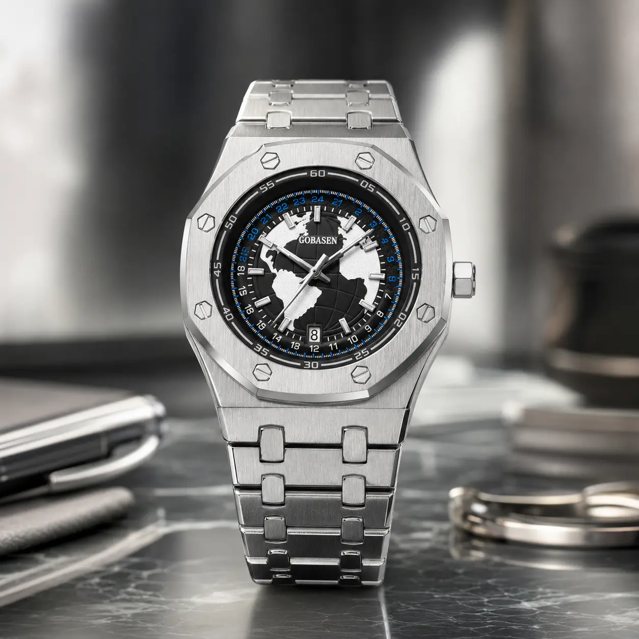 Men's Stainless Steel Watch with Luminous Earth Map Dial, Business Casual Dress Style with Quartz Movement and Date Display, Men's Accessories